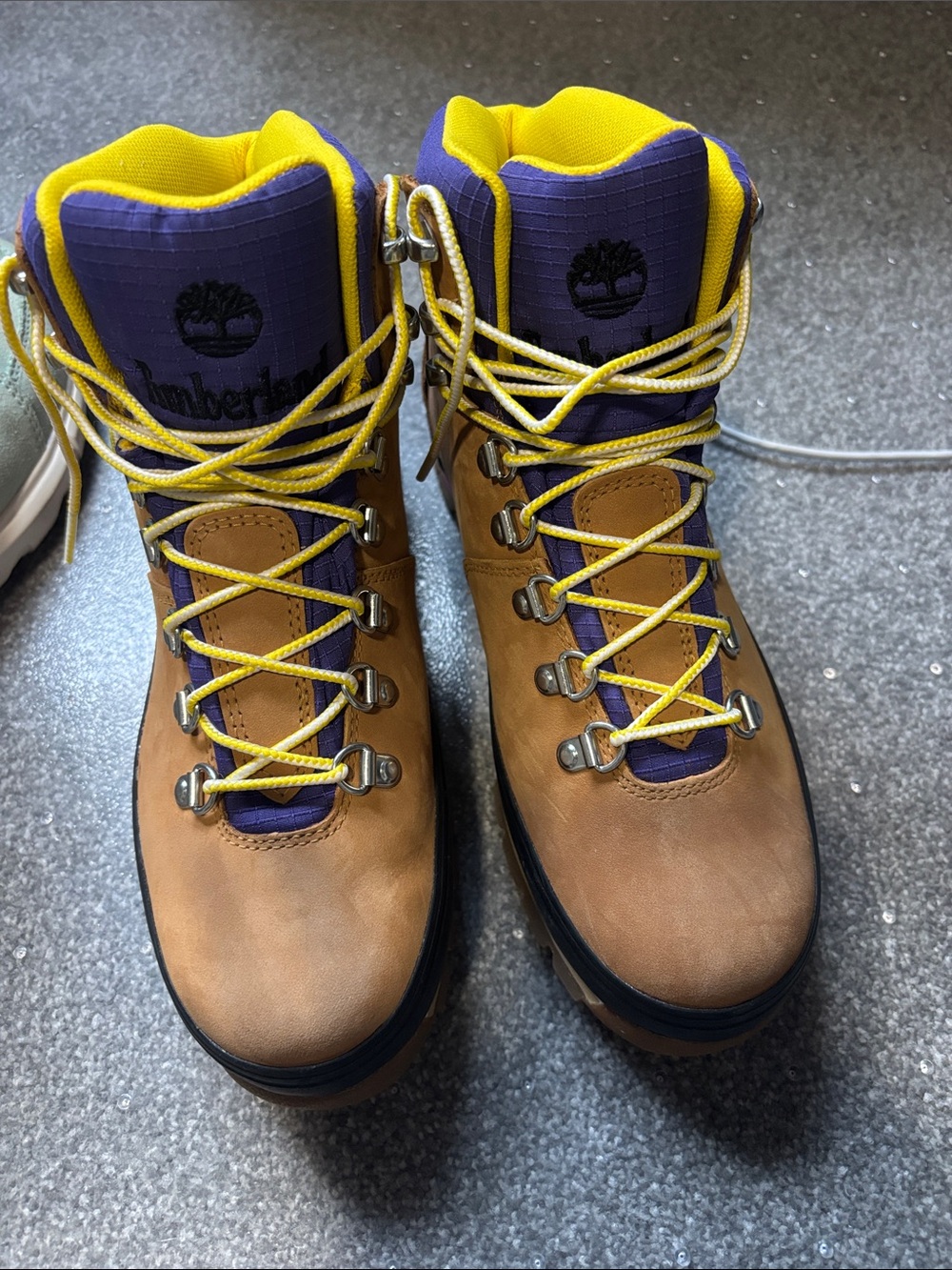 Timberland Brown Leather Boots with Purple Tongue & Yellow Accents